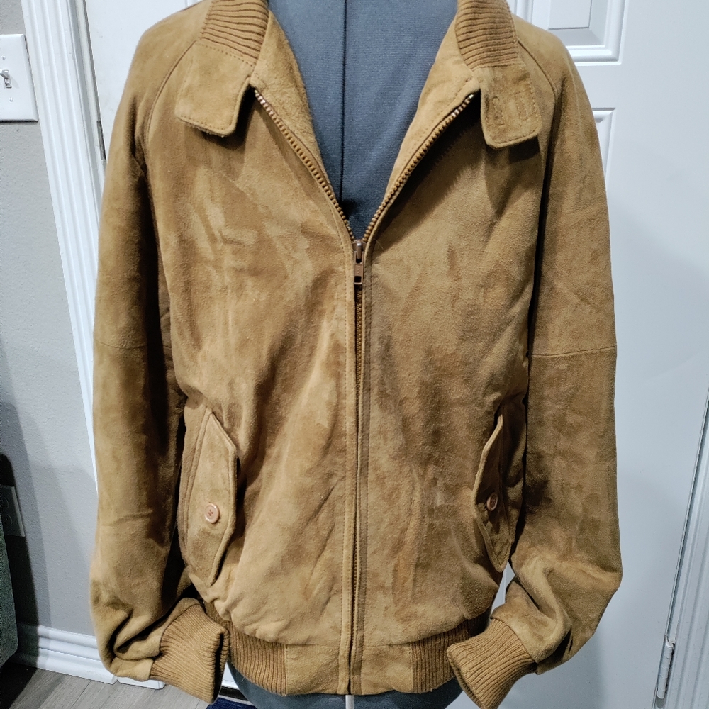 Vintage Alan Michaels tan leather suede bomber jacket men's size 38